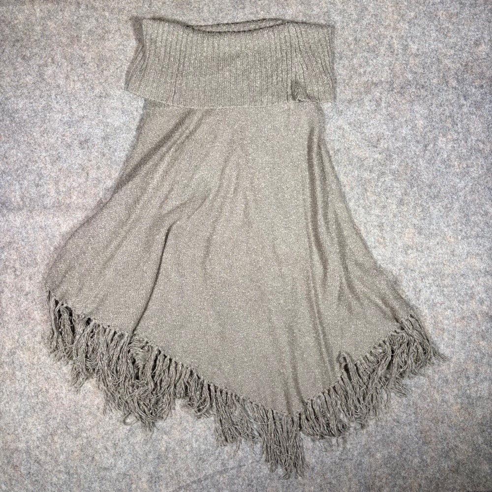 Xhilaration Poncho Women L Gold Metallic Knit Fringe Cowl Neck Asymmetrical Boho